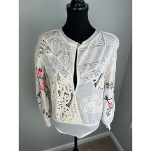 NWOT Free People Ivory Combo Making Harmony Embroidered Bodysuit Blouse- SML